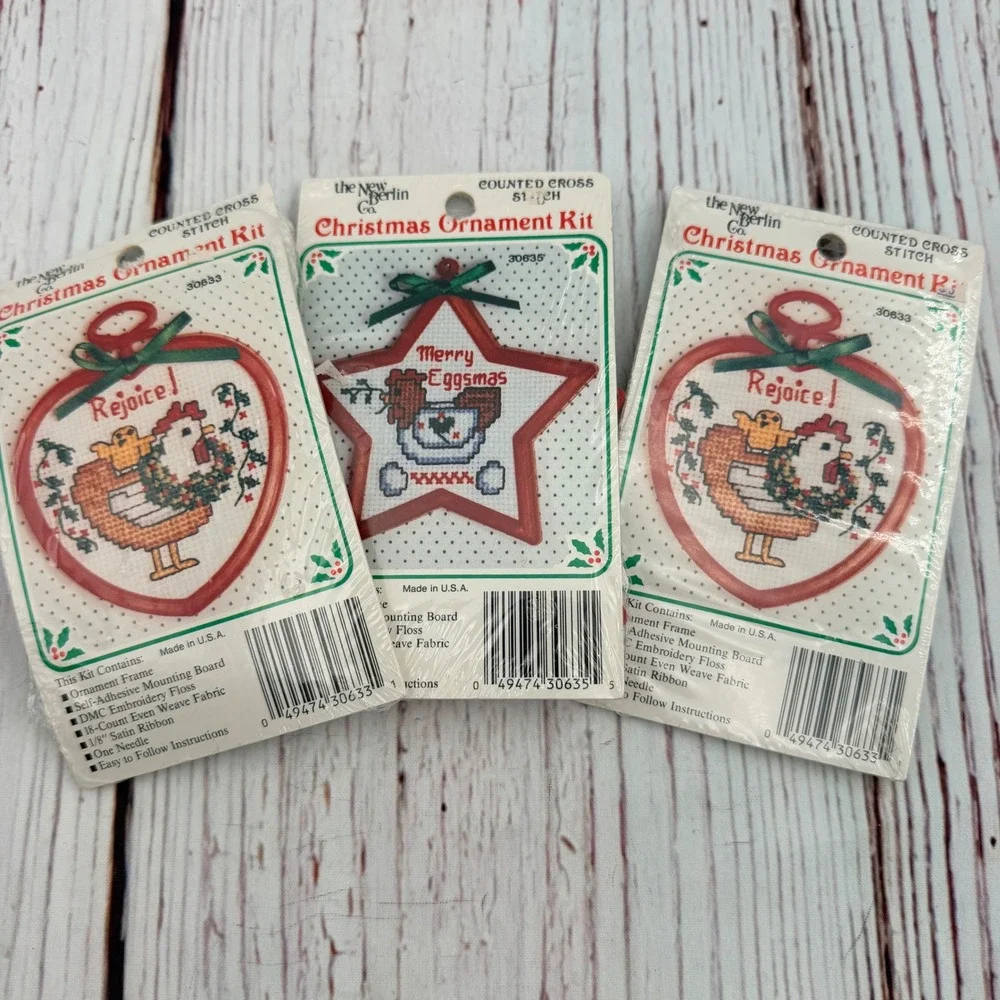 Vintage New Berlin Co Christmas Ornament Cross Stitch Kit Lot 3 Chicken Rooster